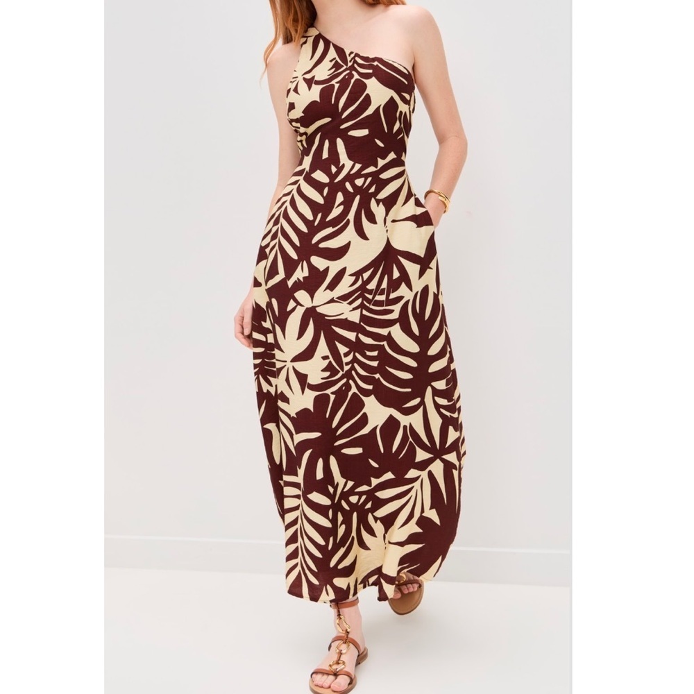 One-Shoulder Leaf Print Maxi Dress in Cream and Brown Hawaiian Dress